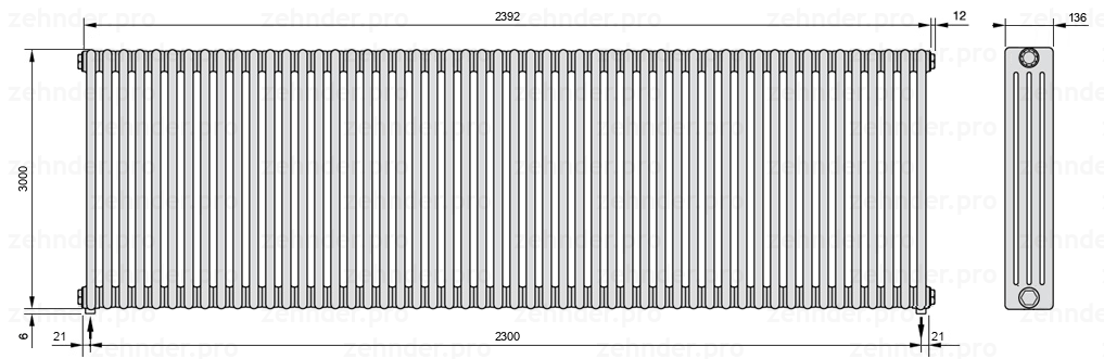 Схема (чертеж) Радиатор Zehnder Charleston 4300/52 №3570 Белый глянцевый RAL 9016